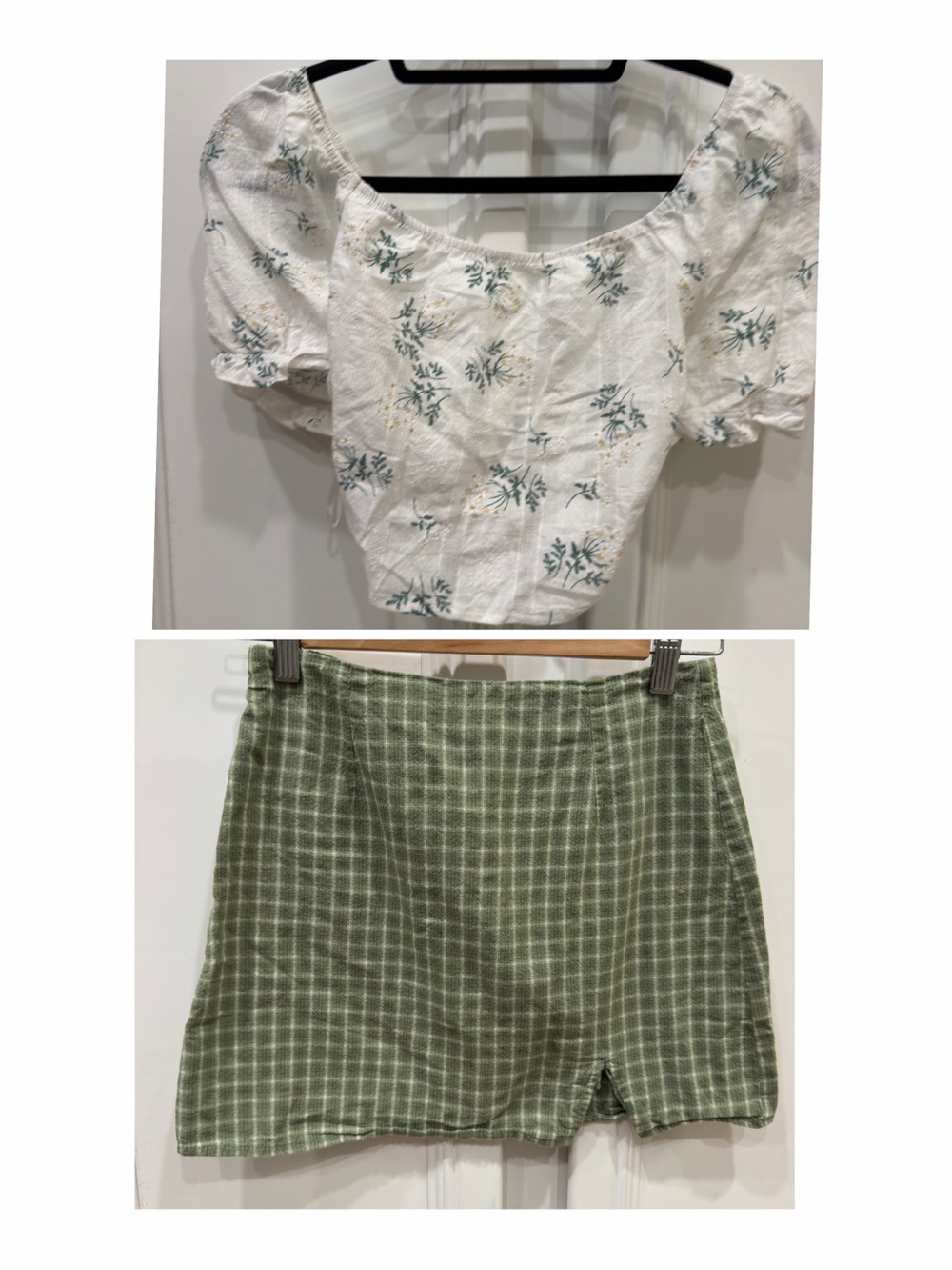 ROMWE White Floral Puff-Sleeve Crop Top & Green Plaid Mini Skirt Set